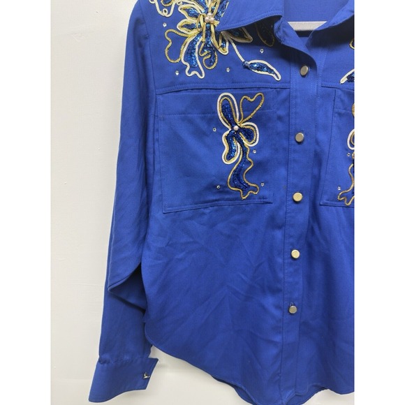 Vintage Simply Tops Embroidered & Beaded long sleeve button Up Blue Size 14  #41 - Picture 3 of 9